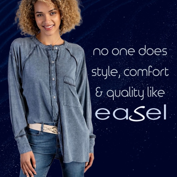 EASEL "Summer Breeze" Mineral Washed Frayed Seams Button Up Tunic Top Side Slits - Picture 10 of 15